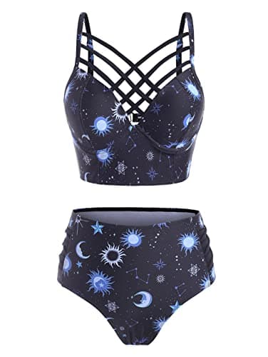 Image of CNSTORE Women's Two-Piece Bikini Bating Suits Sun Star Moon Lattice High Waisted Criss Cross Goth Tankini Swimsuit, Dark Blue, XL