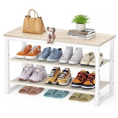 Image of SIMPDIY Shoe Rack, 3 Tier Shoe Bench with Wooden Shelf, Shoe Storage with Seat for Entryway Living Room Hallway Bedroom, Load Capacity 150 kg, White Oak