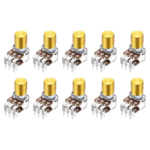 Image of sourcing map 10Set WH148 B100K Ohm Potentiometer Kit, 6-Pin 15mm Shaft Dual Taper Rotary Linear Potentiometer with 15x17mm Gold Metal Knob for Audio Volume Control Motor Speed Regulation