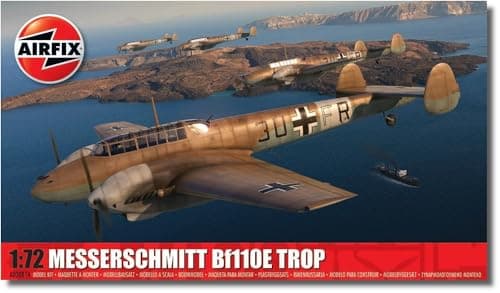Image of Airfix Model Set - A03081A Messerschmitt Bf110E/E-2 TROP Model Building Kit - Plastic Model Plane Kits for Adults & Children 8+, Set Includes Sprues & Decals - 1:72 Scale Model