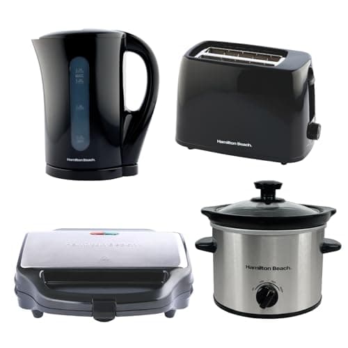 Image of Hamilton Beach Essentials Kitchen Set, Electric Kettle, 1.7L, Toaster 2 Slice, Sandwich Toaster, Deep Fill, Slow Cooker, 1.8L, Kettle & Toaster Set, Complete Kitchen Set, Silver - HBESSCK20S