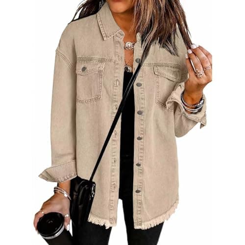 Image of YGERGWE Denim Jackets for Women UK, Oversized Lightweight Jean Jacket Casual Button-Down Shacket, Ladies Long Sleeve Jean Shirt Top for Spring Autumn