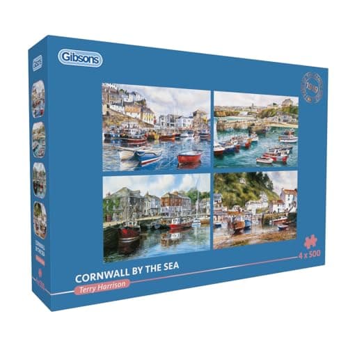 Image of Gibsons Cornwall by the Sea 4 x 500 Piece Jigsaw Puzzle Set for Adults – Four Charming Coastal & Boat Scenes by Terry Harrison – Seaside Retreat Theme – Premium Multi‑Box Puzzle Collection
