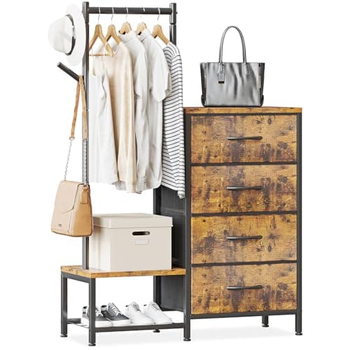 Image of ODK 3 in 1 Chest of Drawers Bedroom, Including 4 Fabric Drawers, with a Sturdy Clothes Rail and 2 Coat Hooks, Double-layer Shoe Rack at the Bottom, Suitable for Bedroom and Entryway, Retro color