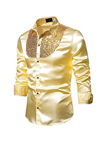 Image of YILEEGOO Men's Shiny Satin Sequins Button Up Dress Shirts Long Sleeve Slim Fit Disco Party Prom Wedding Shirts Costume (Gold, M)