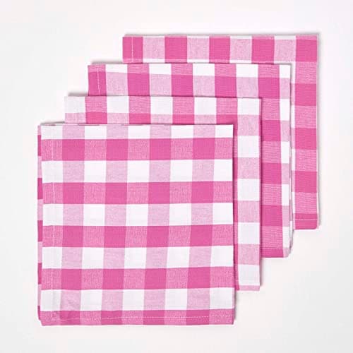 Image of HOMESCAPES Set of 4 Pink Gingham Napkins Block Check Pattern 100% Cotton Napkins 45 x 45 cm (18” x 18”) with Pink and White Checkered Design