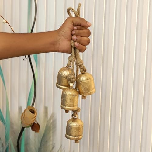 Image of Set of 4 Rustic Vintage Cow Bells on Rope – 3-Inch Handmade Metal Bells for Wall, Garden, Patio, Boho & Farmhouse Décor