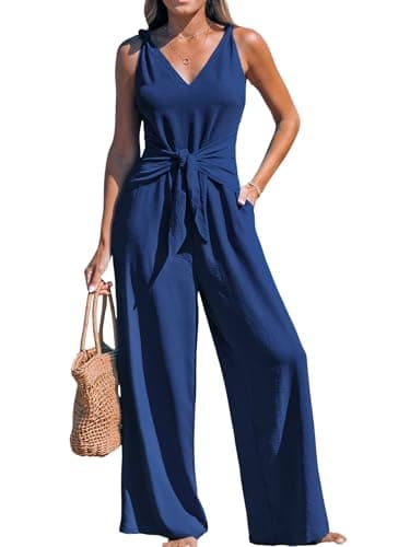 Image of CUPSHE Women's Jumpsuit V Neck Sleeveless Belted Wide Leg Knot Straps Summer Beach Overall Navy Blue M