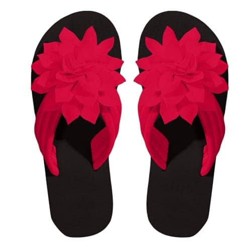 Image of Red 3D Flower Flip Flops for Women,Applique Decor Lightweight Outdoor Beach Shoes Summer Flat Casual Slippers Thongs Sandals Ladies Footwear Size 4