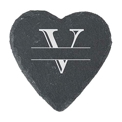 Image of Personalised Engraved Novelty Initial and Name Heart Slate Coaster, Letter V, Set of 4, Personalise with Any Name, Perfect for Any Occasion