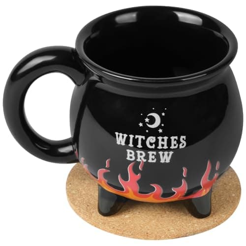 Image of HOTUT Witches Brew Cauldron Mug,Witches Brew Coffee Mug with Coaster,Gothic Tea Cup with Flame Effect,Halloween Witchy Mugs,Funny Mugs for Christmas,Halloween,Birthday Presents (Black)