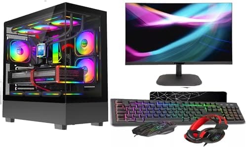 Image of ASC Gaming PC Bundle: AMD Ryzen 5 5500, 16GB RAM, 1TB HDD NVME, GT730 4GB Graphics, Windows 11, 22" Monitor, Black RGB 9 Fan Glass Gaming Case.