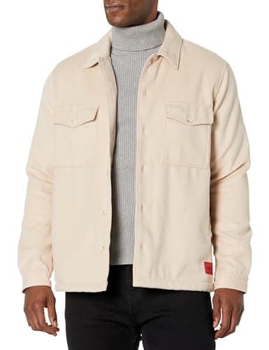Image of Hugo Men's Wool Twill Patch Pockets Button Down Overshirt, Sandstone Beige, Medium