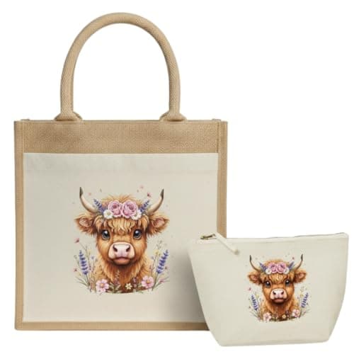 Image of Jute Bag With Highland Cow Themed Lunch Bag Canvas Tote with Front Pocket, Make up bag/pouch Reusable Shopping Highland Cow Gift for Women, Nans, Teachers, Gifts for Women 30cmx30cmx19cm wide