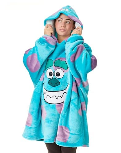 Image of Disney Monsters Inc Unisex Wearable Blanket Hoodie | Adults Hooded Pullover in Blue with Sulley Character Face and Fur Pattern | One Size Sherpa Lined Hooded Loungewear with Pockets for Men & Women