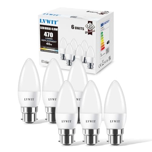 Image of LVWIT B22 LED Candle Bayonet Bulbs,4.9W B22 Bayonet Candle Bulbs, 40W Bulb Equivalent,6500K Cool White Bayonet Candle Cap, 470Lm, 200 Degree Beam Angle,220-240V,Non-Dimmable (Pack of 6)