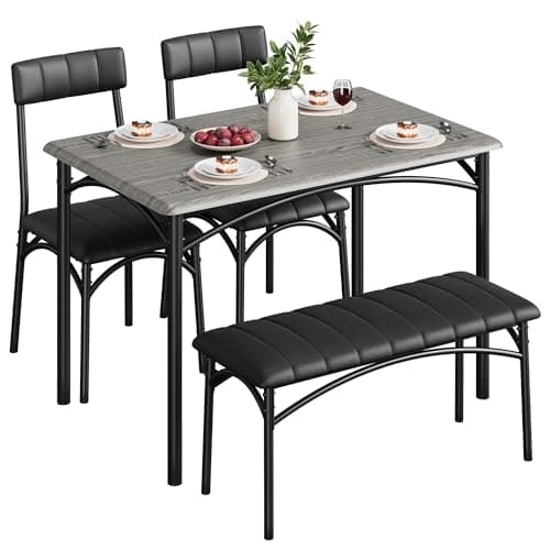 Image of Crevyteg Dining Table Set for 4, Kitchen Table with Upholstered Bench and 2 Chairs, 4-Piece Wooden Dining Table Set for Apartment, Dining Room, Small Space, Grey