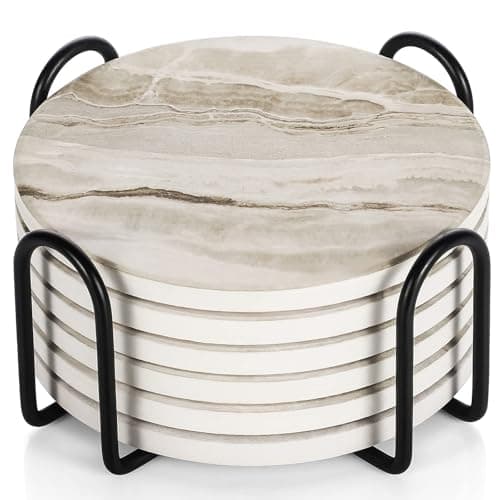 Image of Drink Coasters Set of 6 - Marble Style Ceramic Round Coaster, Coasters with Holder and Cork Base, Ceramic coaster suitable for all kinds of cups, gift, for Women Men Home Decor, 4 ''