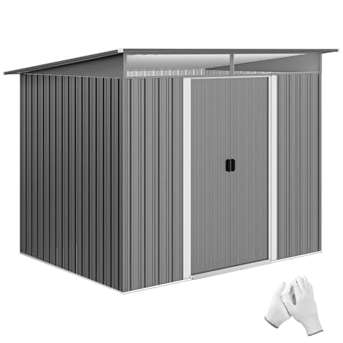 Image of Outsunny 9ft x 6.5ft Metal Shed with Lightsky Panels, Garden Storage Tool House with Double Doors for Garden, Patio and Lawn, Light Grey