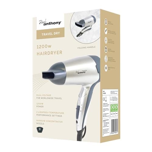 Image of Paul Anthony Travel Dry 1200w Travel Hair Dryer / 2 Heat Settings / 2 Speed Settings/Folding Handle/Concentrator Nozzle/Safety Cut-Off/Hang up Loop/Dual Voltage 110/240v - Silver - H1010SV