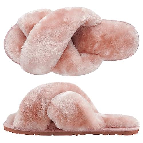 Image of SIMIYA Womens Fluffy Slippers, Anti-Skid Faux Fur House Slippers, Warm Furry Cozy Open Toe Sliders for Girls Indoor Outdoor Shoes(Pink,UK7/8)