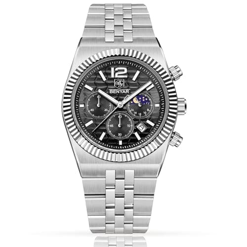 Image of BENYAR Men's Luxury Dress Watch with Sun and Moon Phase Display - Japanese Quartz Chronograph, 30M Water Resistant, Stainless Steel, 40mm (Silver Black BY5225MGJ)
