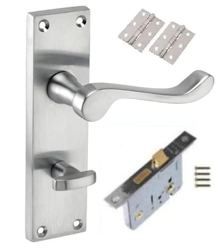 Image of Golden Grace Victorian Scroll Bathroom WC Toilet Door Handles in Satin Brushed Chrome Finish with Bathroom Mortise Lock & 1 Pair of 3" Butt Hinges - 150mm x 40mm