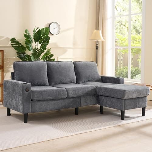 Image of ModernLuxe Innovative Corner Sofa for Living Room, 3 Seater Sofas with 2 USB Charging Ports and 2 Cup Holders, Sumptuous Cushions, Reversible Chaise, Sectional L Shaped Sofa for Apartment, Linen, Grey