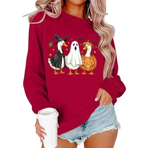 Image of Women Costumes for Halloween Cute Boo Long Sleeve Shirts Scary Family Soft Basic Tee Pumpkin Face Party Womens Spiderweb Blouses Print Holiday Bat Pullover Tops T Shirts, Red, M