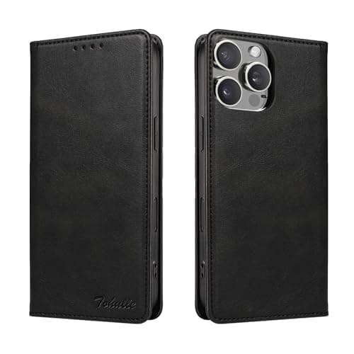 Image of TOHULLE Case for iPhone 16 Pro Max, Premium PU Leather Wallet Case with Card Holder Kickstand Built-in Magnetic Closure Flip Folio Phone Cover for iPhone 16 Pro Max - Black