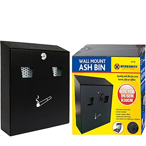 Image of MARKSMAN Ash BIN Steel Ashtray LARGE Outdoor Pub, Club, Home, Office, Garden, Flat Cigarette Cigar Smoking Wall Mounted BLACK Lockable Heavy Duty With Keys UK FREE P&P