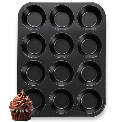 Image of ANGIX 12 Cup Muffin Tray Non Stick Baking Tin - Deep Cupcake Pan for Oven Baking, Carbon Steel Cake Mould for Muffins, Cupcakes & Yorkshire Pudding, Easy Release & Dishwasher Safe