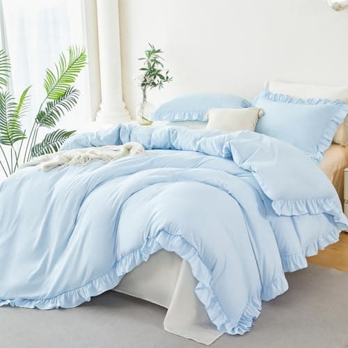 Image of STYHO Light Blue Bedding Sets King Size 3 Pieces Ruffle Frills Duvet Cover with Pillowcases Soft Luxury Boho Vintage Plain Duvet Set with Zipper Closure, 230x220cm(Light Blue, King)
