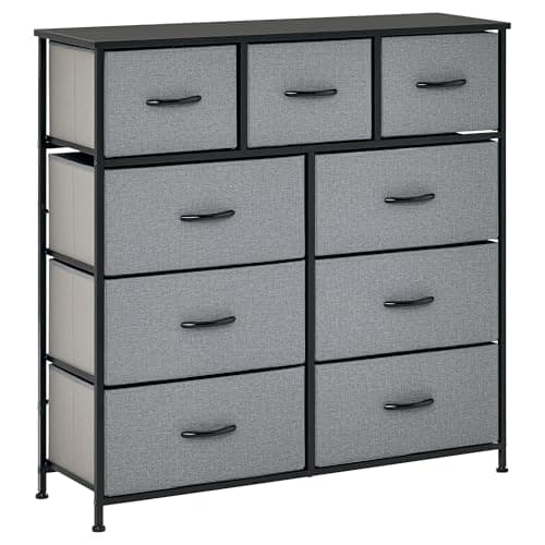 Image of HOMCOM 9 Drawers Storage Chest Dresser Organizer Unit w/Steel Frame, Wood Top, Easy Pull Fabric Bins, for Bedroom, Hallway, Entryway, Black & Grey