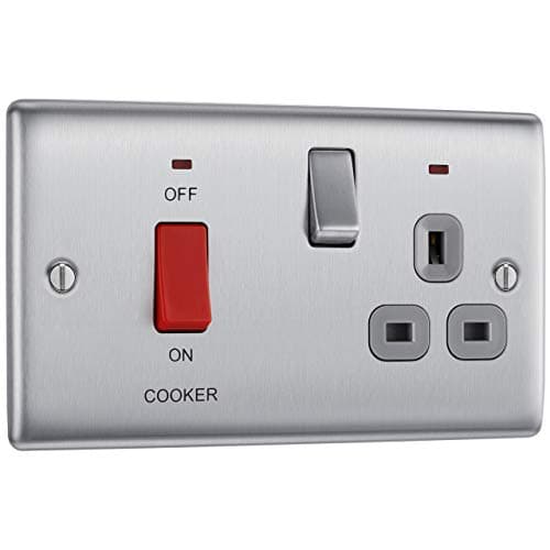 Image of BG Electrical Cooker Switch with Socket and LED, Cooker Control Unit, Control Socket, Double Pole, Raised Profile, Round Edges, Nexus Metal, Brushed Steel, Grey Inserts, 45A, NBS70G