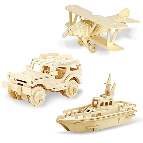 Image of Georgie Porgy Kids Toys Construction Woodcraft Kits 3D Wooden Model Puzzle Kits Birthday Gifts Pack of 3 Jigsaw (Biplane Off-road Vehicle Yacht)