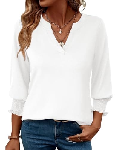 Image of Rapbin Women Blouse Tops 3/4 Length Sleeve Fashion V-Neck Tunic Summer Casual Ladies Basic Business Tee Shirts 2025 (16-18, White)