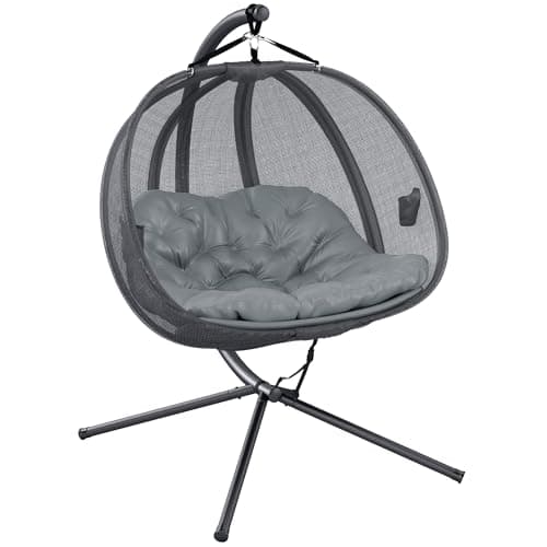 Image of Outsunny Double Hanging Egg Chair 2 Seaters Texteline Swing Hammock Chair with Stand, Cushion and Folding Design, for Indoor and Outdoor, Grey