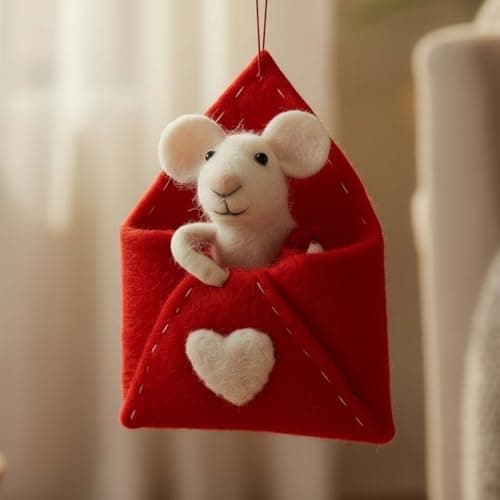 Image of Adorable Needle Felted Christmas Ornament | Free-Standing or Hanging Decoration | Festive Christmas Decor (Mouse in Sweetheart Envelope)
