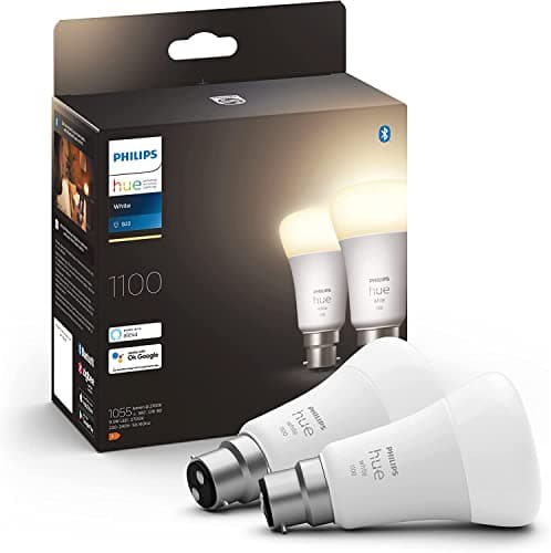 Image of Philips Hue White Smart Light Bulb Twin Pack LED [B22 Bayonet Cap] - 1100 Lumens (75W Equivalent). Works with Alexa, Google Assistant and Apple Homekit. for Home Indoor Lighting, Livingroom, Bedroom.