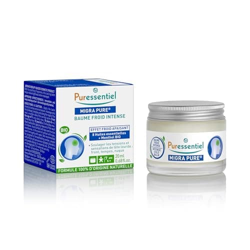Image of Puressentiel Headache Balm Migra Pure, Organic, Relief from Pain Caused by Tension Headaches, Instant Refreshing Effect, Natural Formula with 8 Organic Essential Oils, 20 ml