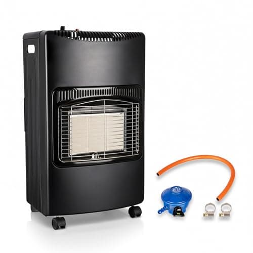 Image of Straame Mobile Gas Heater 4.2kW – Foldable Indoor Butane Heater with 3 Heat Settings, Push-Button Ignition, ODS & Anti-Tilt Safety – Fits 13/15kg Cylinder, Regulator & Hose Included, with Castors