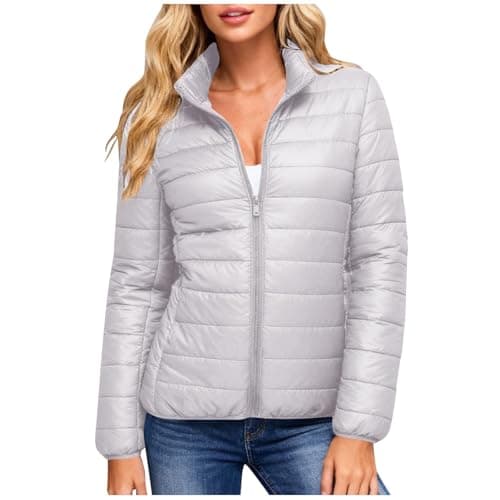 Image of jackets for women uk Womens Coats UK Winter Puffer Jackets Lightweight Waterproof Padded Down Jacket Zipper Stand Collar Quilted Coat Warm Sport Outerwear Outfits with Pockets Gray M