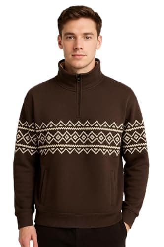 Image of Men's Premium Quarter Zip Sweatshirt - Long Sleeve Pullover Cotton Blend Jumper Sizes S-3XL (UK, Alpha, L, Regular, Regular, Chocolate Brown/Cream)