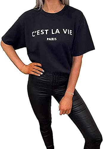 Image of Pure Fashion UK® Women's Slogan Printed Oversized Short Sleeves T-Shirt Ladies Summer Baggy Loose Fit Round Neck Tee Tops Elegant Casual Wear Shirts (C'est LA Vie Black, S-M)