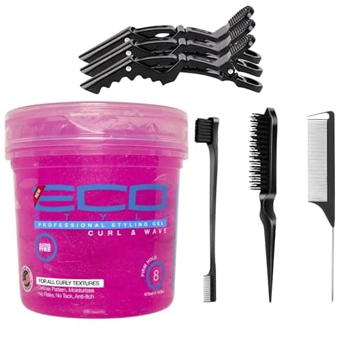 Image of Hair Styling Gel Bundle: EcoStyle Curl & Wave Styling Gel 473ml, 3 Crocodile Hair Clips, 3-Piece Professional Hair Brush Set