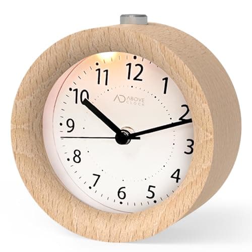 Image of aboveClock Alarm Clock Bedside, No Ticking Bedside Clock with Snooze and Night Light Function, Analogue Clock Battery Powered for Bedroom, Home, Kitchen, Travel, Natural Wood