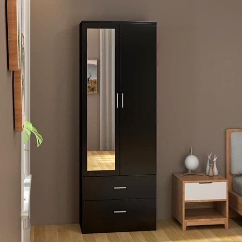 Image of Panana 2 Door 2 Drawers Mirrored Wardrobe with Hanging Rail Wooden Clothes Storage Cupboards Unit for Bedroom Furniture 77 x 50 x 180 cm (Black)