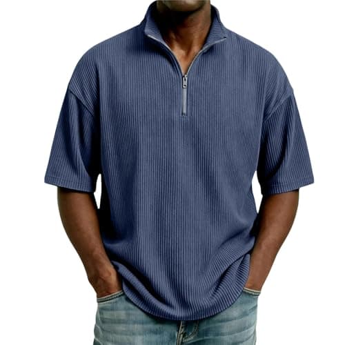 Image of Mens Short Sleeve Casual Polo Shirts 1/4 Zip Stand Collar Golf Tshirt Big Tall Fashion Textured Loose Fit Summer Tops Cotton Moisture Wicking Gym Workout Active Pullover Tees Fishing Top Streetwear