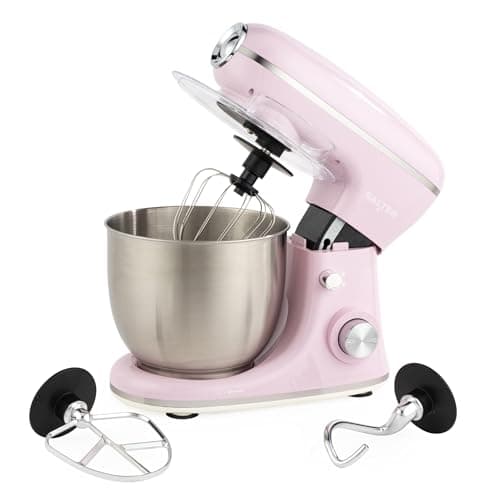 Image of Salter Retro Stand Mixer – 5L Electric Food Kitchen Mixer, Stainless Steel Removable Mixing Bowl, Accessories Included, Dough Hook, Wire Whisk, Beater, 8 Speed Settings & Pulse Function, 1300W, Pink